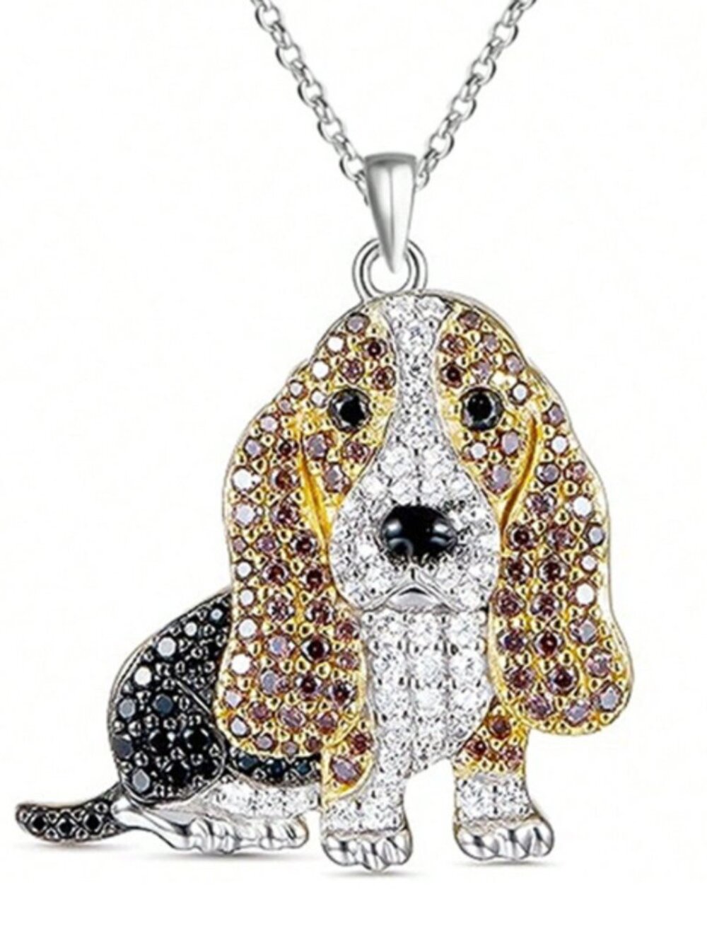 Basset Hound Dog Breed Sterling Silver CZ Sparkle Pendant Necklace NEW